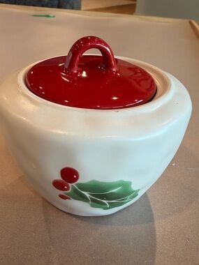 Holiday Ceramic Sugar Bowl with Red Lid and Holly Design